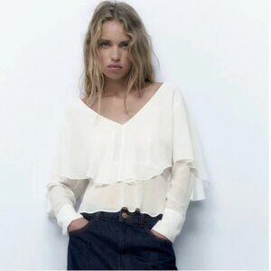 NWT ZARA White RUFFLED BLOUSE Tie Back Chiffon Fabric Bloggers Fav M